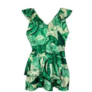 HT 360 Collective Green Floral Tropical Ruffle Sleeveless Tiered Mini Dress XL‎